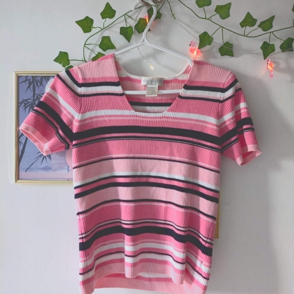 Worthington Pink and Black Fitted Ribbed T-Shirt